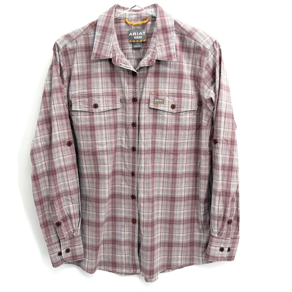 Ariat Rebar Plaid Shirt Womens Size L Roll Tab Sleeve Button Down Work Mauve